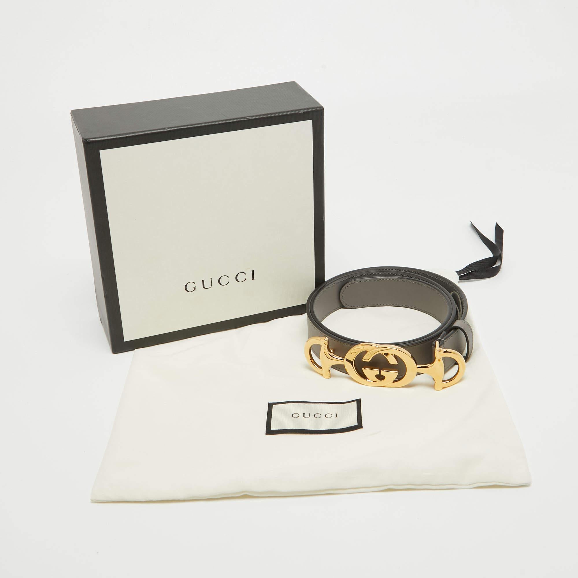 Gucci Grey Leather Zumi Buckle Belt 85 CM For Sale 1