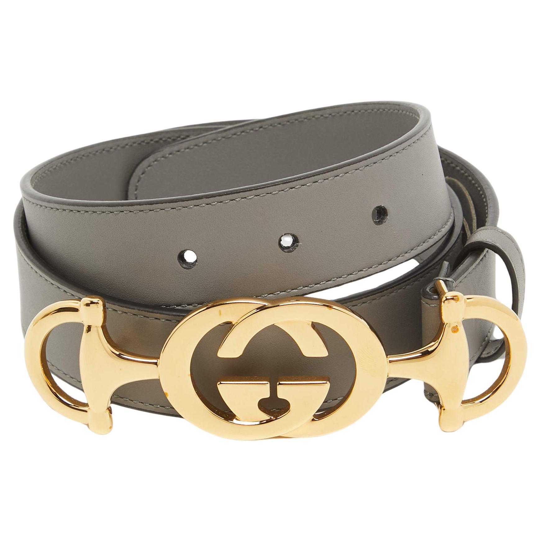 Gucci Grey Leather Zumi Buckle Belt 85 CM For Sale