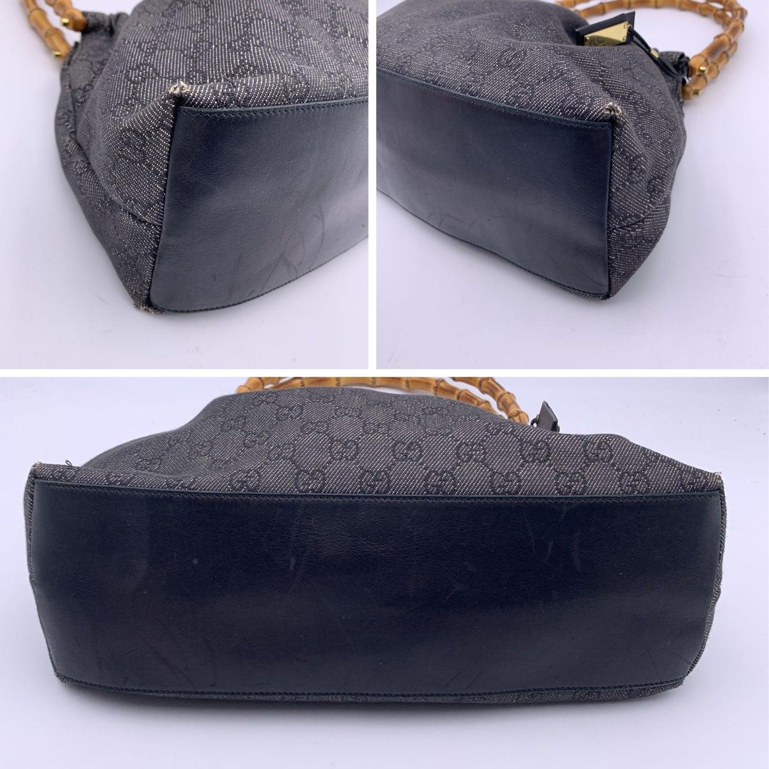 Black Gucci Grey Monogram Denim Tote Bag with Bamboo Handles