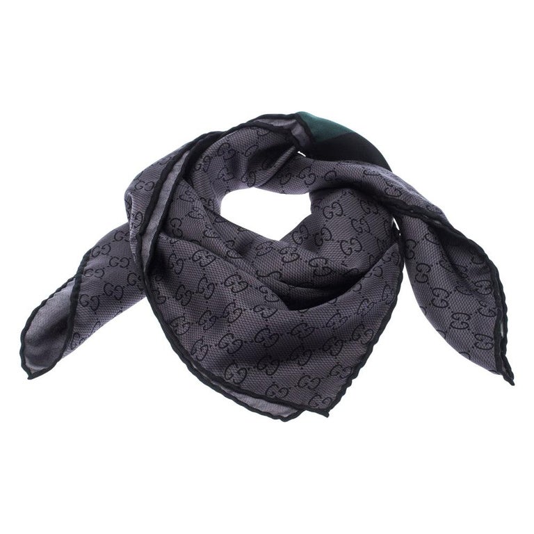 Gucci Grey and Black Wool and Silk Monogram Scarf For Sale at 1stDibs