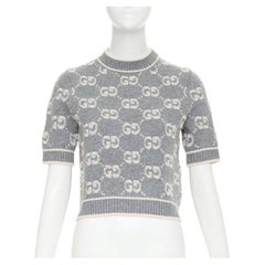 GUCCI grey pale pink wool GG monogram intarsia boucle crop sweater XS
