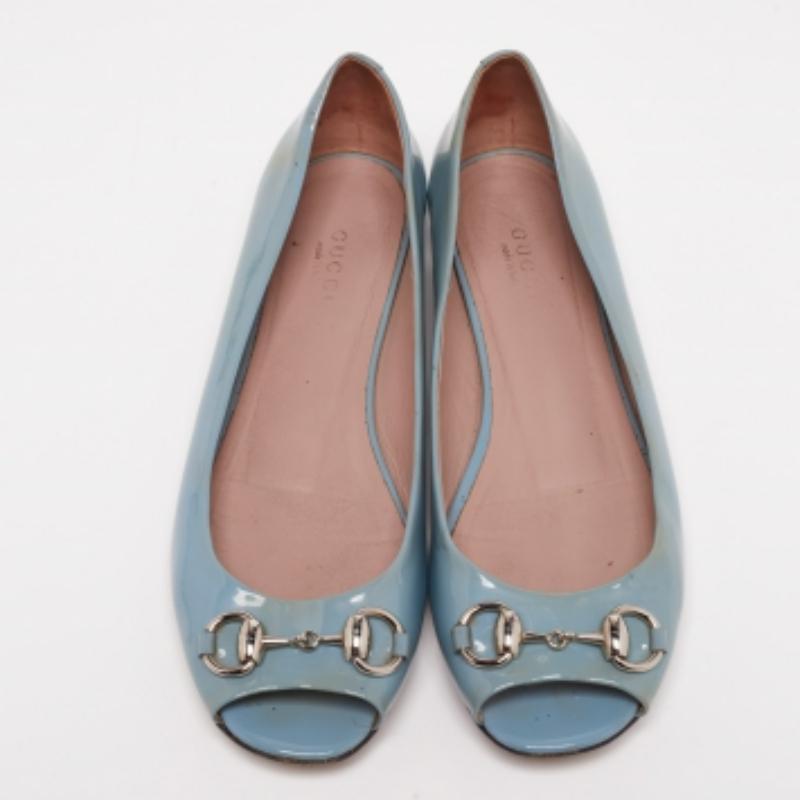 Gray Gucci Grey Patent Leather Horsebit Peep Toe Ballet Flats Size 36.5