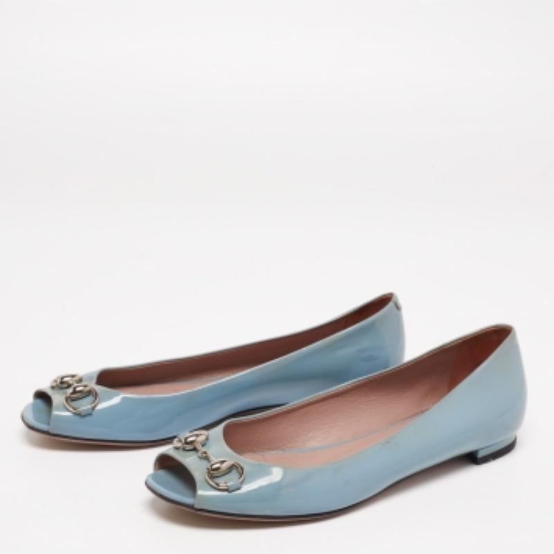 Gucci Grey Patent Leather Horsebit Peep Toe Ballet Flats Size 36.5 2