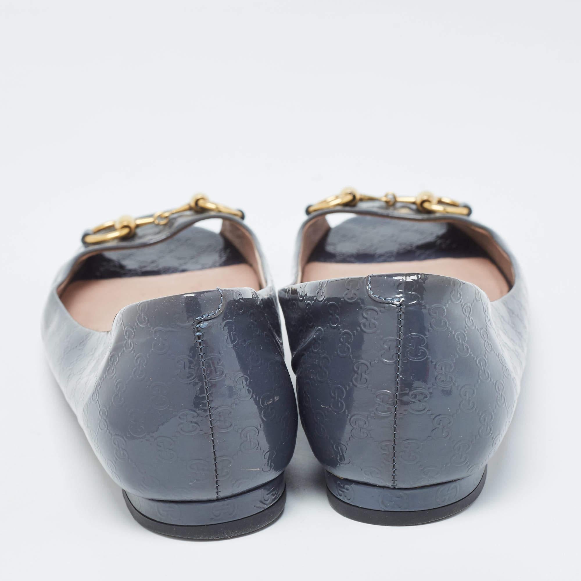 Gucci Grey Patent Microguccima Horsebit Ballet Flats Size 39.5 For Sale 4