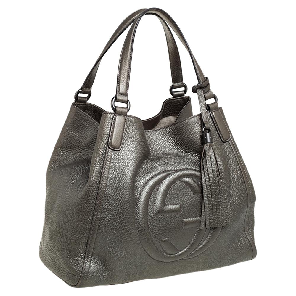 Gucci Grey Pebbled Leather Soho Working Tote In Good Condition In Dubai, Al Qouz 2