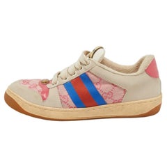 Gucci Grau/Rosa Nubuck Leder und GG Canvas Siebdruck Turnschuhe Größe 39