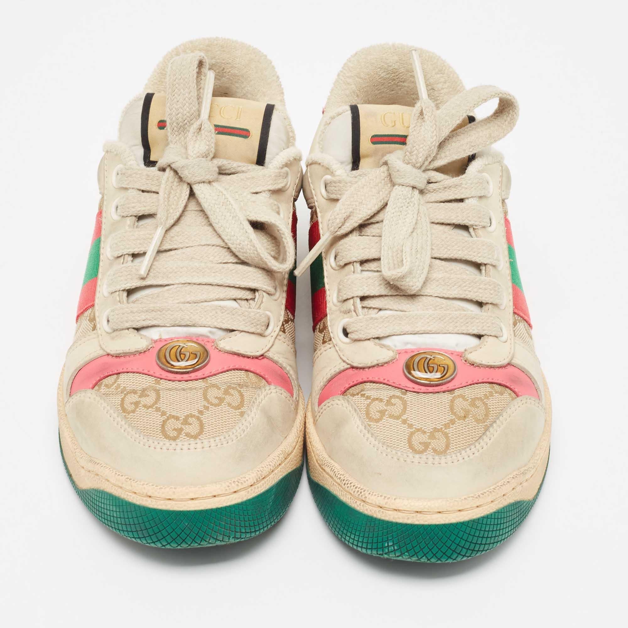 Beige Gucci Grey/Pink Nubuck Leather Screener Sneakers Size 34