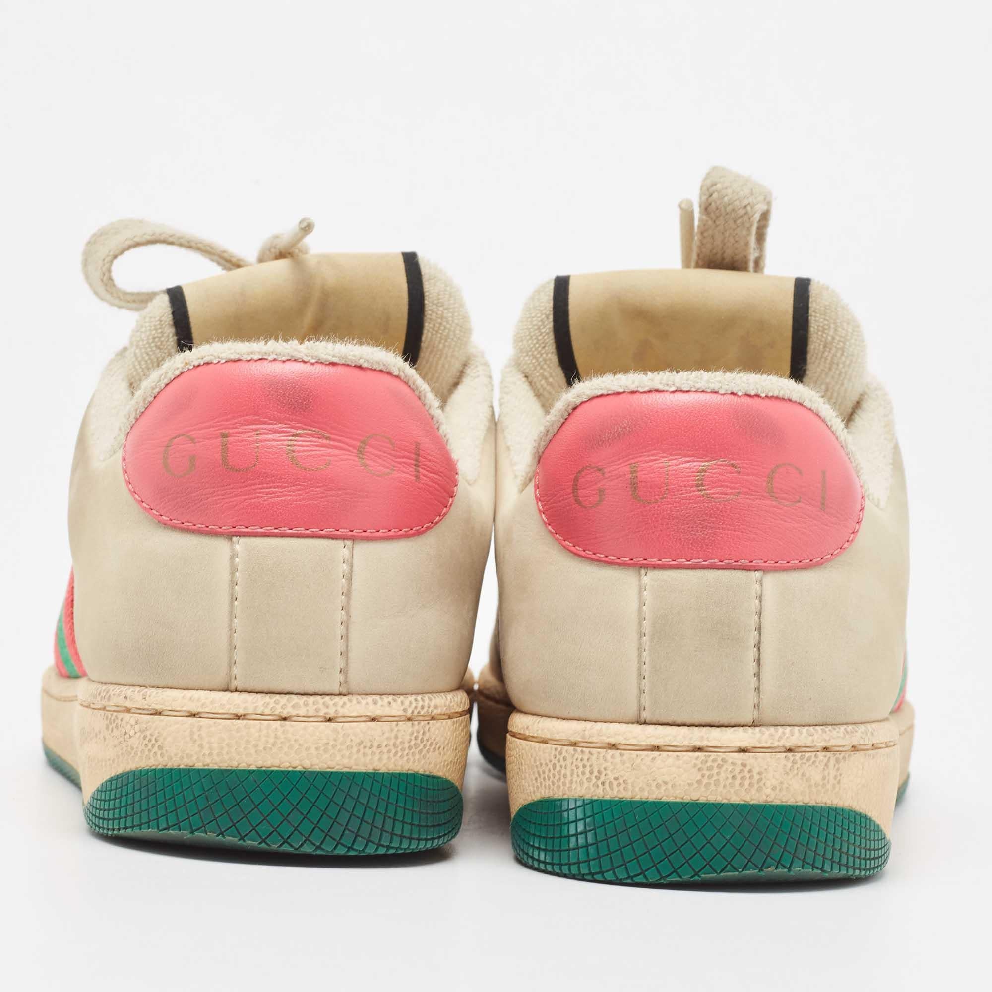 Gucci Grey/Pink Nubuck Leather Screener Sneakers Size 34 In Good Condition In Dubai, Al Qouz 2