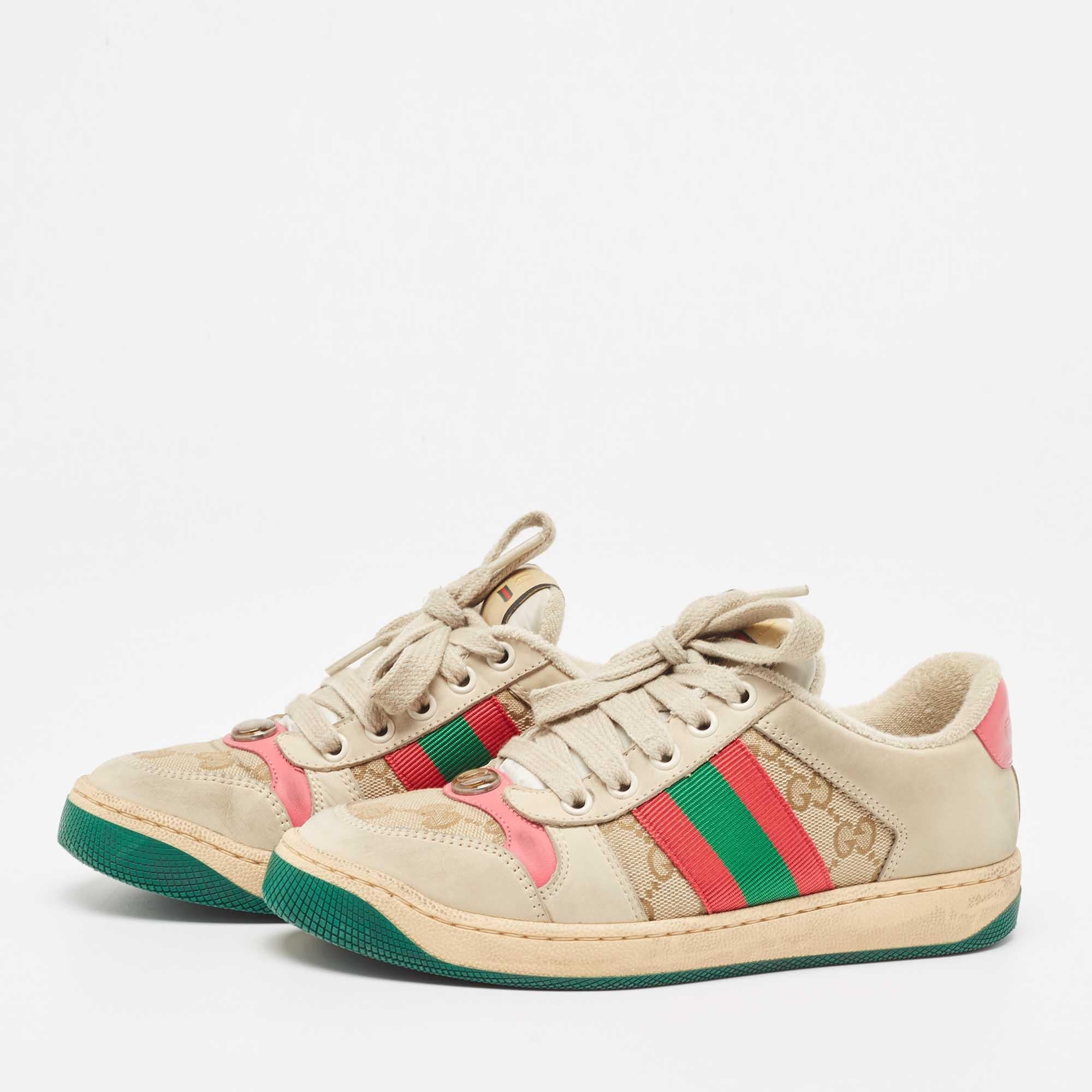 Gucci Grey/Pink Nubuck Leather Screener Sneakers Size 34 3