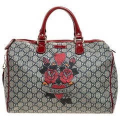 Gucci Grey/Red Heart Tattoo GG Supreme Canvas and Leather Medium Joy Boston Bag