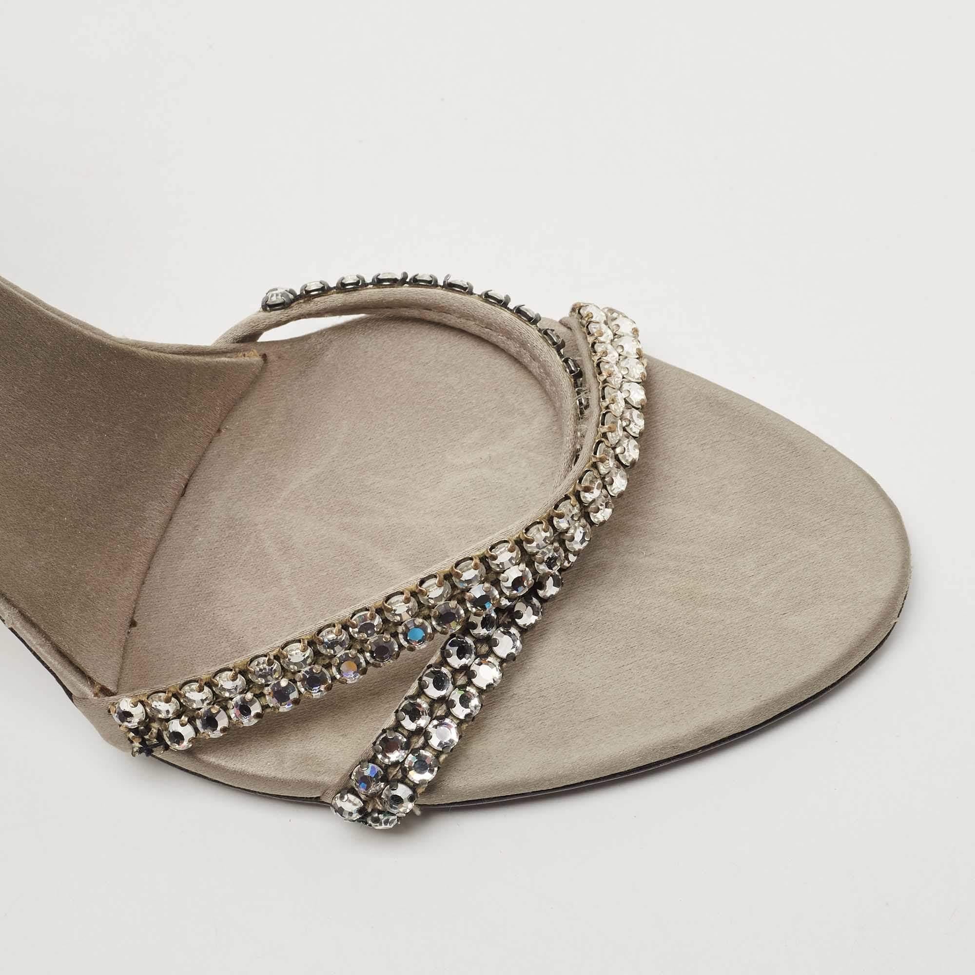 Gucci Grey Satin Crystal Embellished Ankle Wrap Sandals Size 37.5 For Sale 2