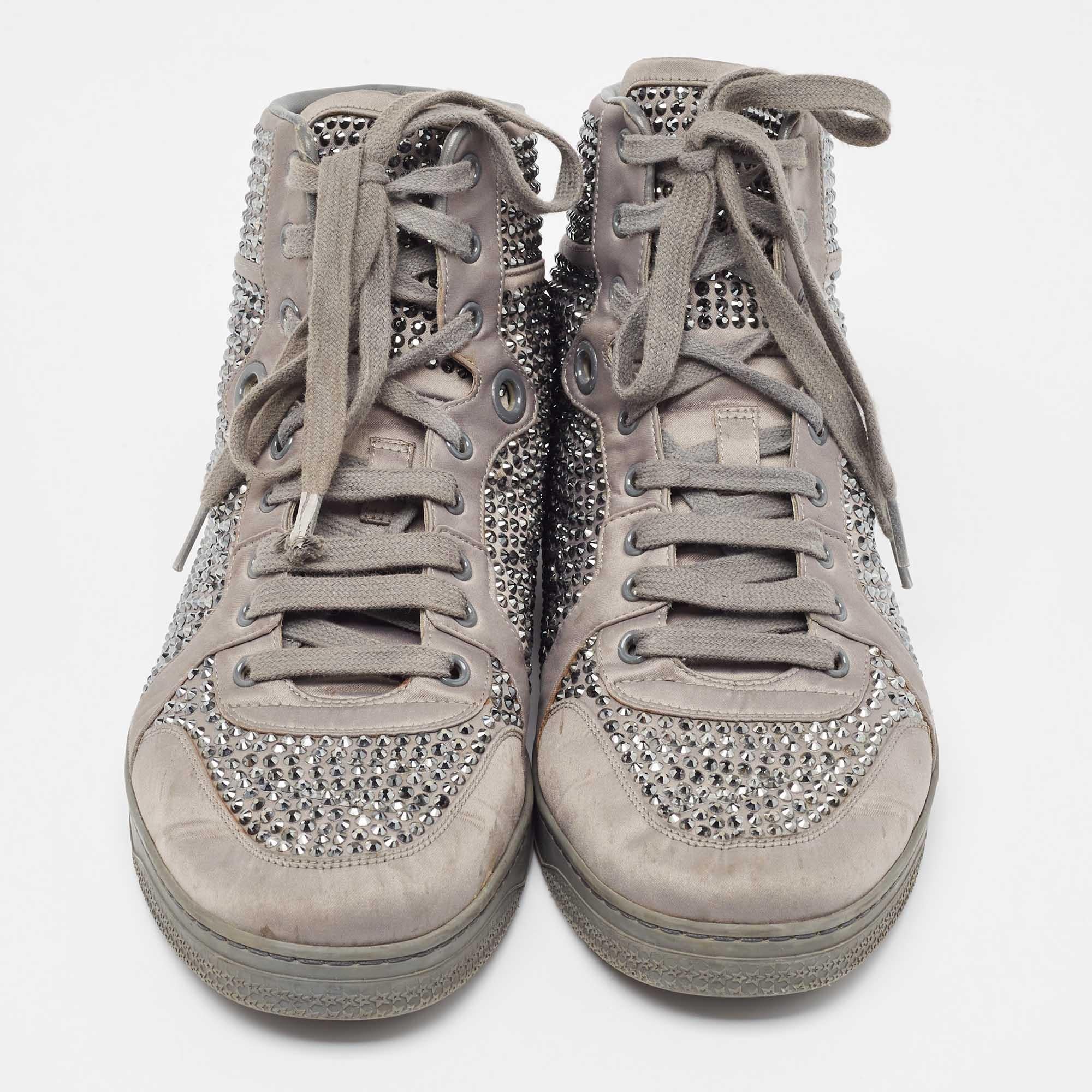 Gray Gucci Grey Satin Crystal Embellished Coda High Top Sneakers Size 42 For Sale
