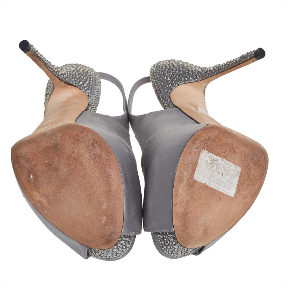 Women's Gucci Grey Satin Crystal Embellished Slingback Sandals Size 38.5