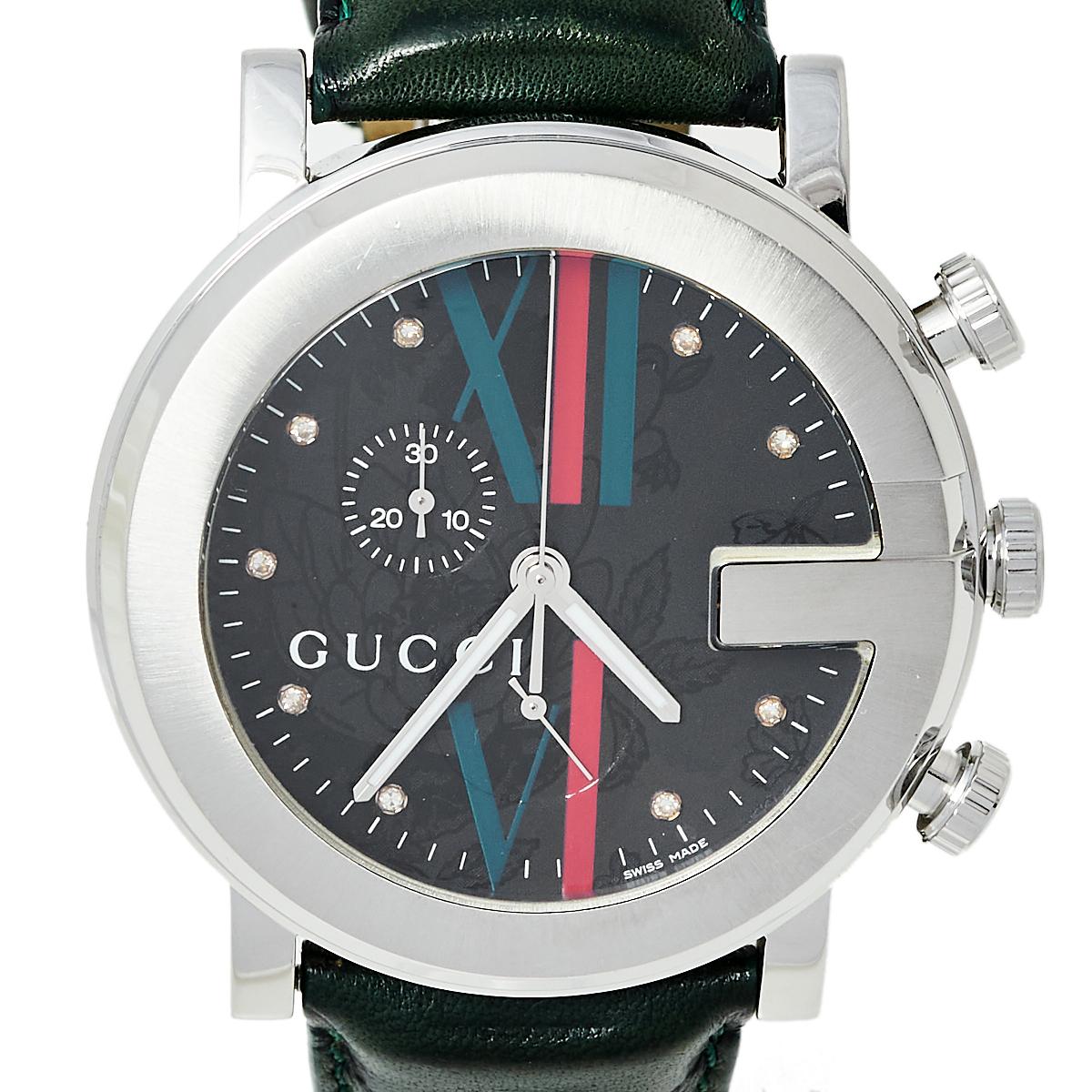 Contemporary Gucci Grey Stainless Steel & Leather 101M G-Chrono Men's Wristwatch 44 mm