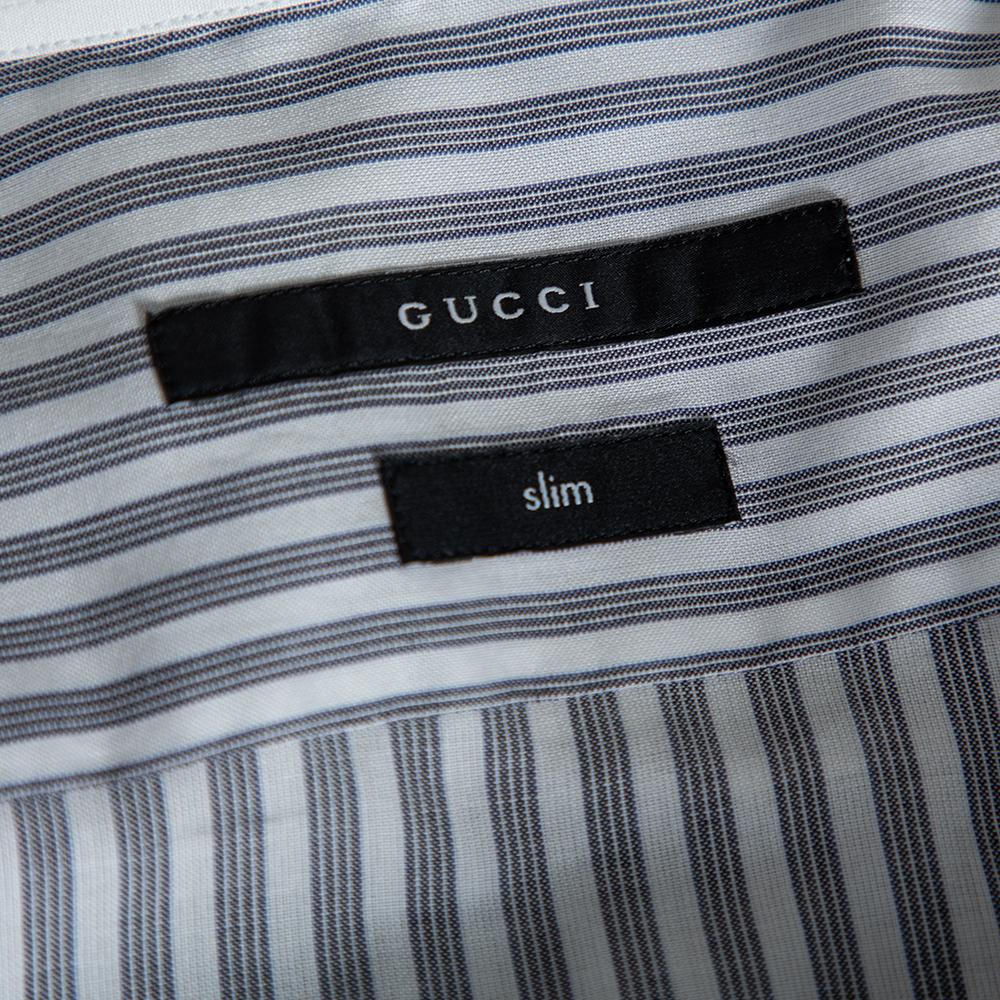 Gucci Grey Striped Cotton Pocket Logo Detail Button Front Shirt M For Sale 1