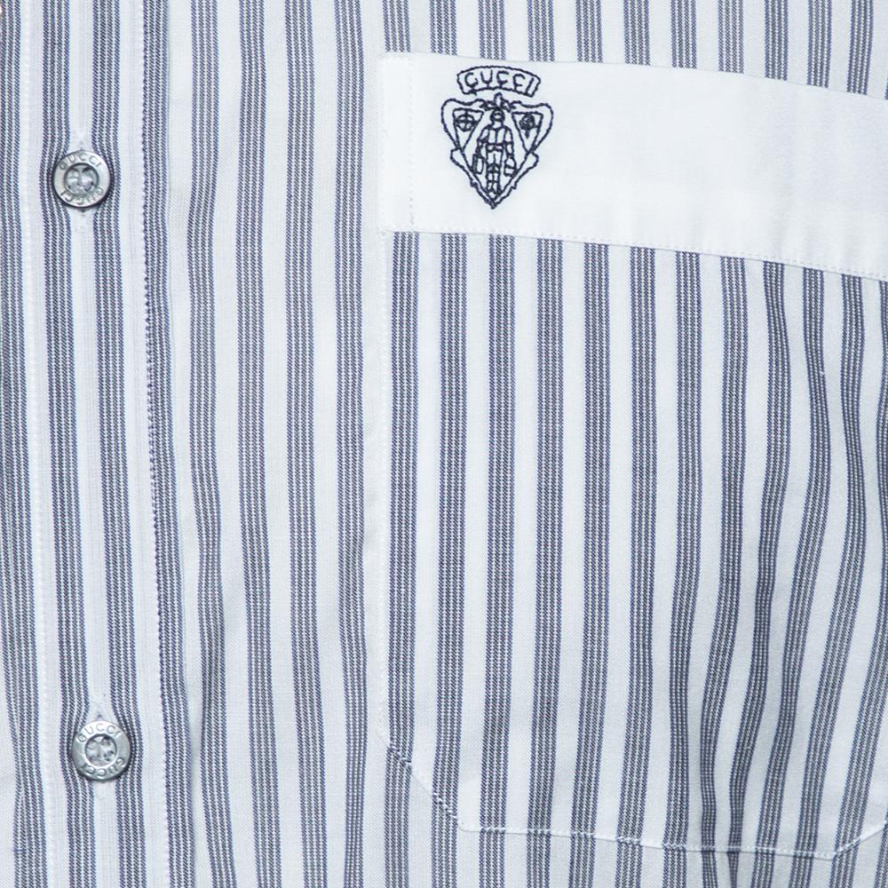 Gucci Grey Striped Cotton Pocket Logo Detail Button Front Shirt M For Sale 2