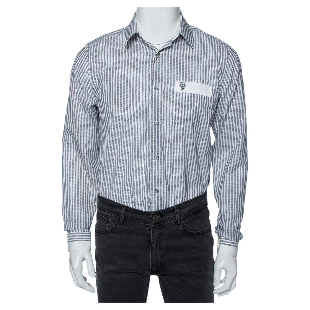 Gucci Grey Striped Cotton Pocket Logo Detail Button Front Shirt M For Sale