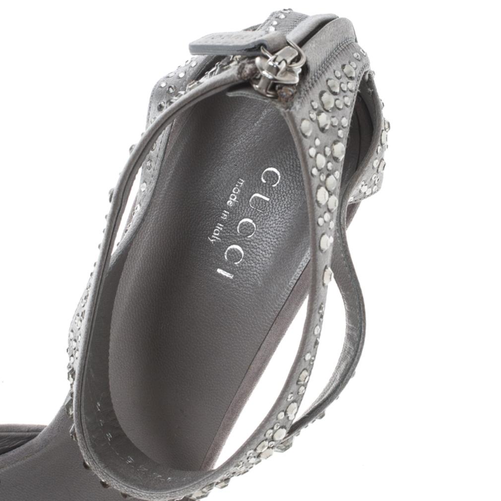 Gucci Grey Suede and Satin Crystal Embellished Ankle Strap Sandals Size 37.5 5