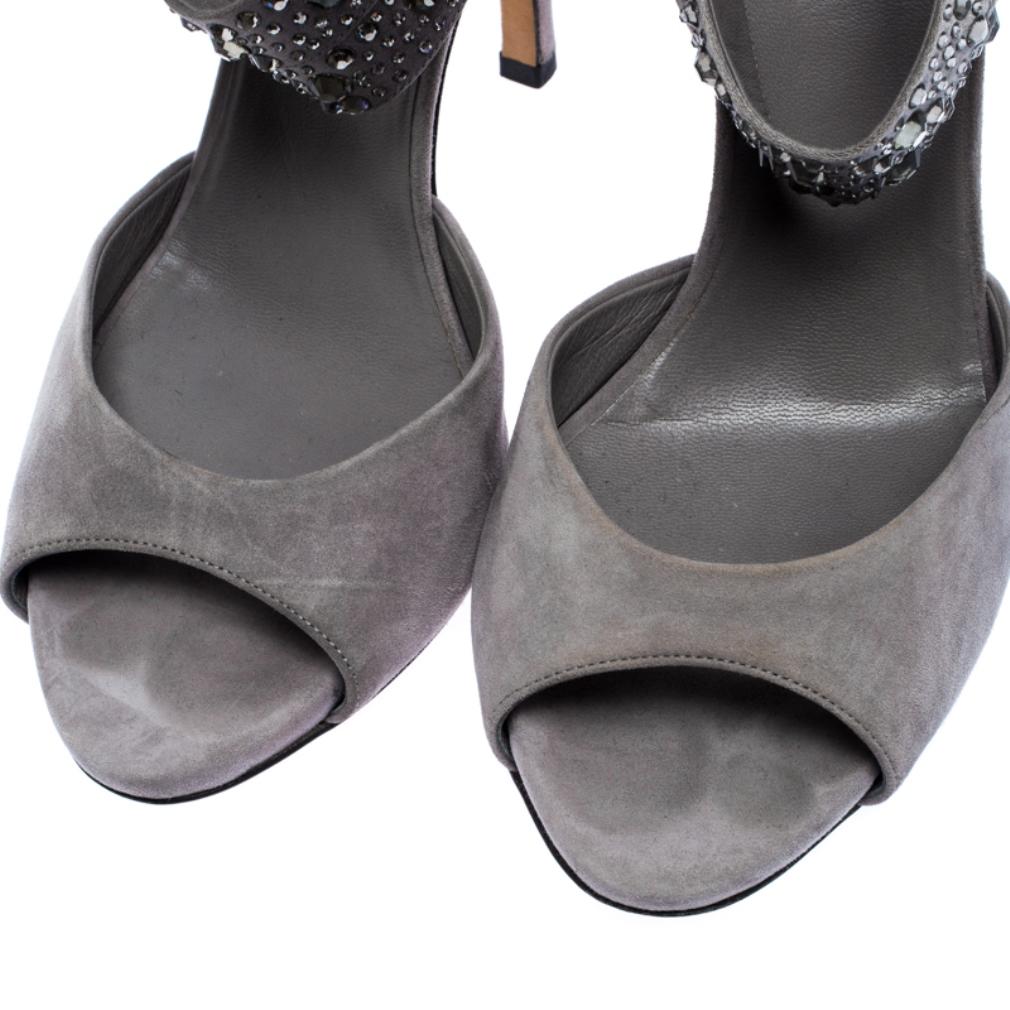 Gucci Grey Suede and Satin Crystal Embellished Ankle Strap Sandals Size 37.5 6