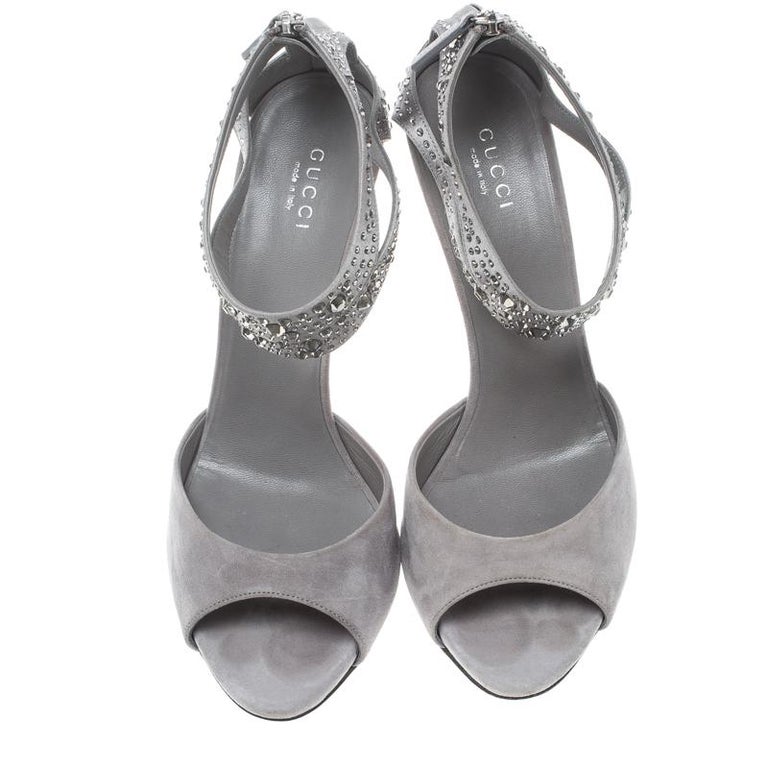 Gucci Grey Suede and Satin Crystal Embellished Ankle Strap Sandals Size ...