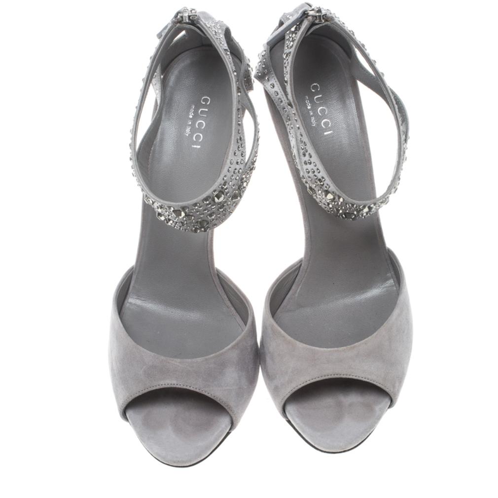 Gray Gucci Grey Suede and Satin Crystal Embellished Ankle Strap Sandals Size 37.5