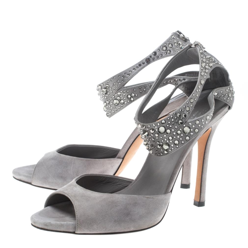Women's or Men's Gucci Grey Suede and Satin Crystal Embellished Ankle Strap Sandals Size 37.5