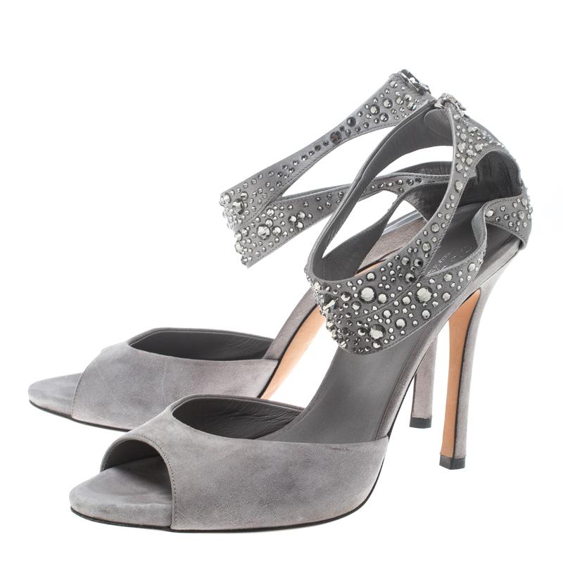 Gucci Grey Suede and Satin Crystal Embellished Ankle Strap Sandals Size 37.5 2
