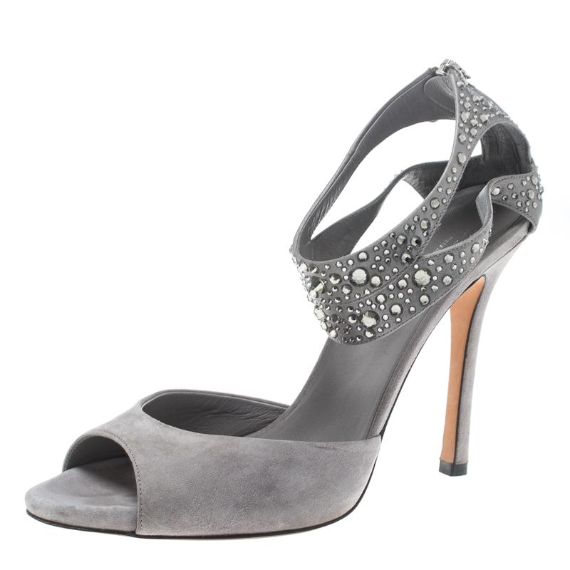 Gucci Grey Suede and Satin Crystal Embellished Ankle Strap Sandals Size 37.5
