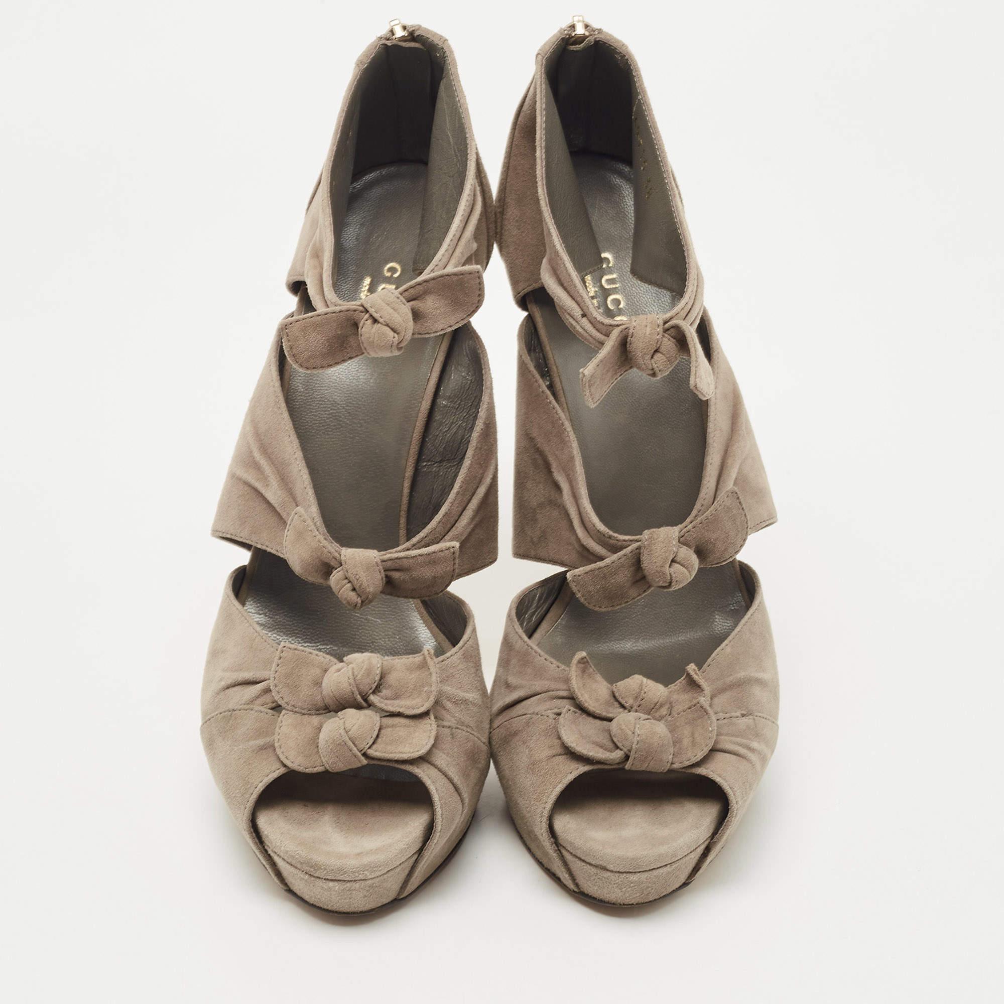 Brown Gucci Grey Suede Bow Ankle Strap Sandals Size 38