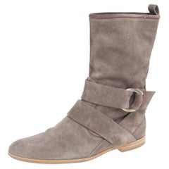 Used Gucci Grey Suede Mid Calf Bamboo Ring Boots Size 38.5