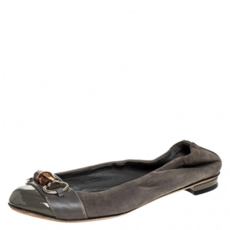 Noir Gucci - Chausssures de ballet grises en daim, verni et cuir avec mors en bambou, taille 36,5 en vente