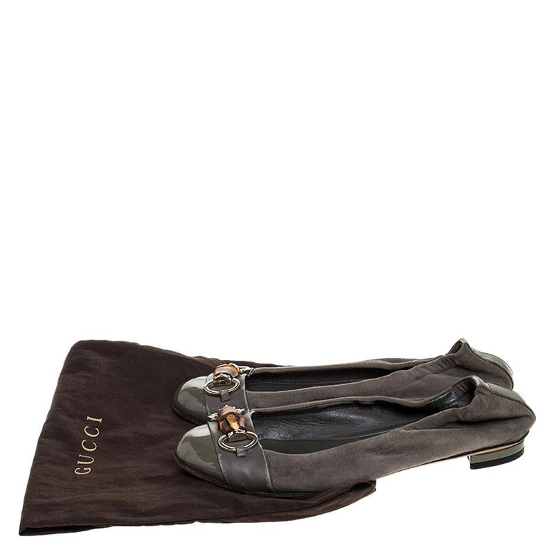Women's Gucci Grey Suede, Patent And Leather Bamboo Horsebit Ballet Flats Size 36.5 For Sale