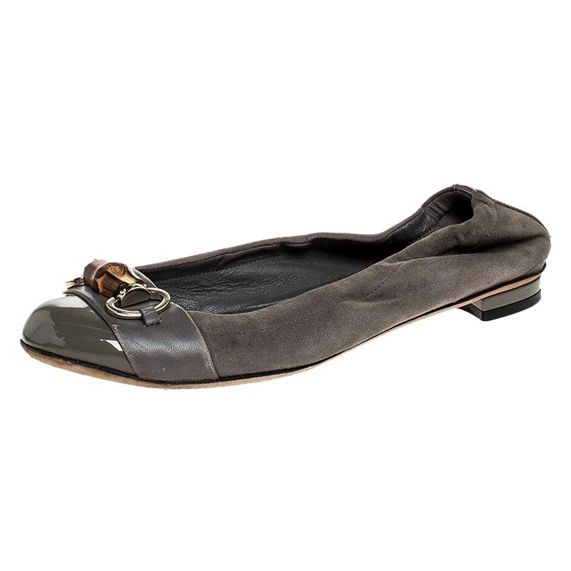 Gucci Grey Suede, Patent And Leather Bamboo Horsebit Ballet Flats Size 36.5 For Sale