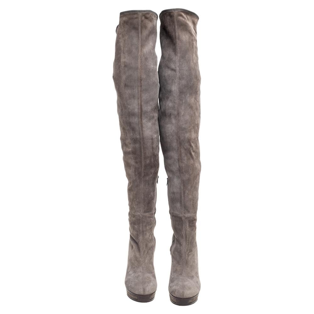 Gucci Graue kniehohe Overknee-Stiefel aus Wildleder Größe 37 2
