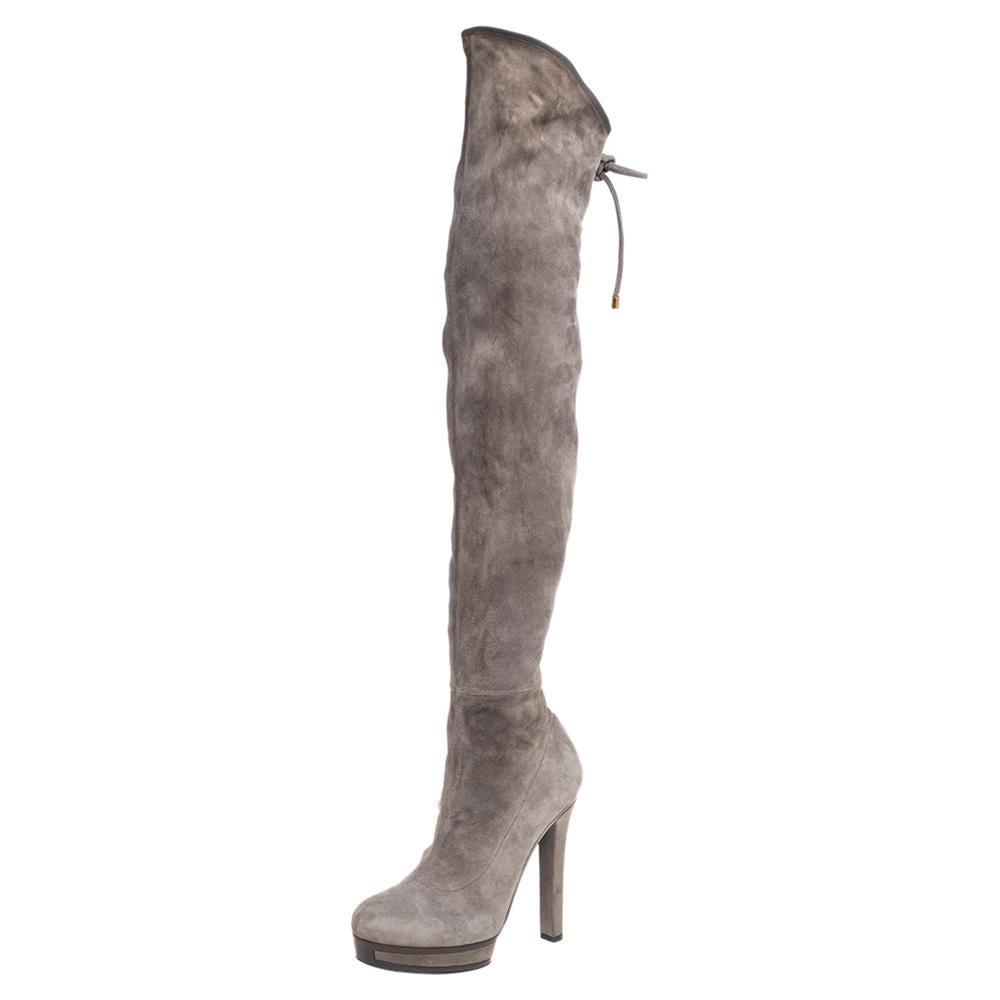 Gucci Graue kniehohe Overknee-Stiefel aus Wildleder Größe 37 4