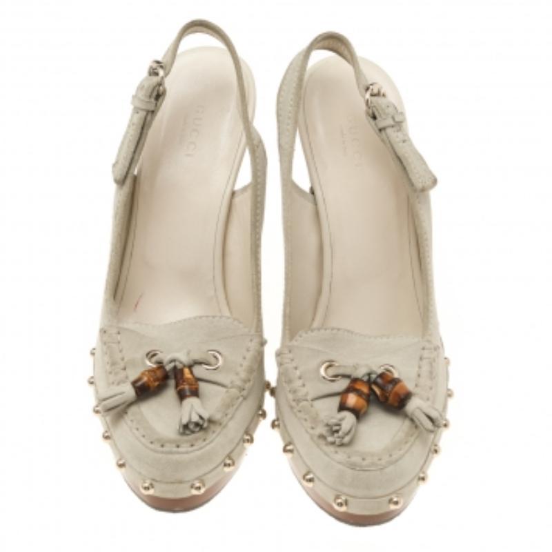 Coming from the House of Gucci, these sandals will make you super trendy and stylish! They are made from grey suede on the exterior and feature platforms, a slingback, and sturdy heels. They are elevated with gold-tone hardware.
