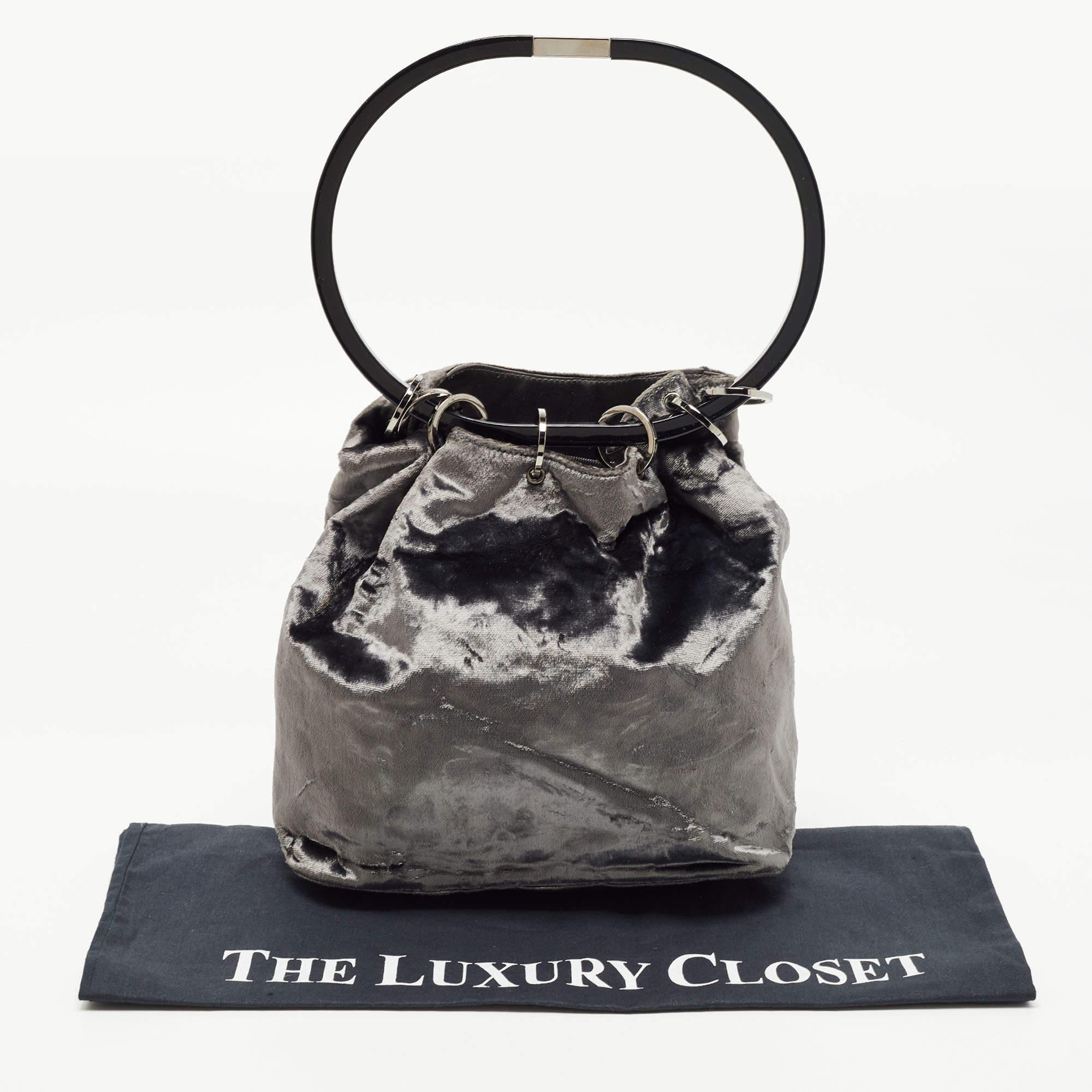 Gucci Grey Velvet Ring Loop Handle Bucket Bag 5