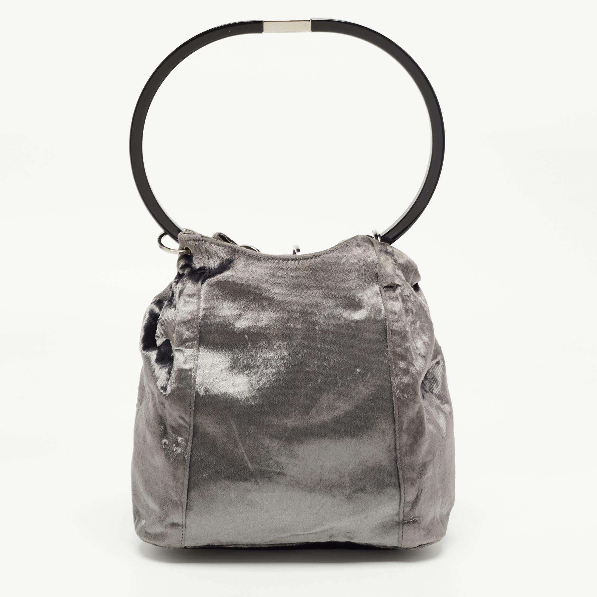 Women's Gucci Grey Velvet Ring Loop Handle Bucket Bag