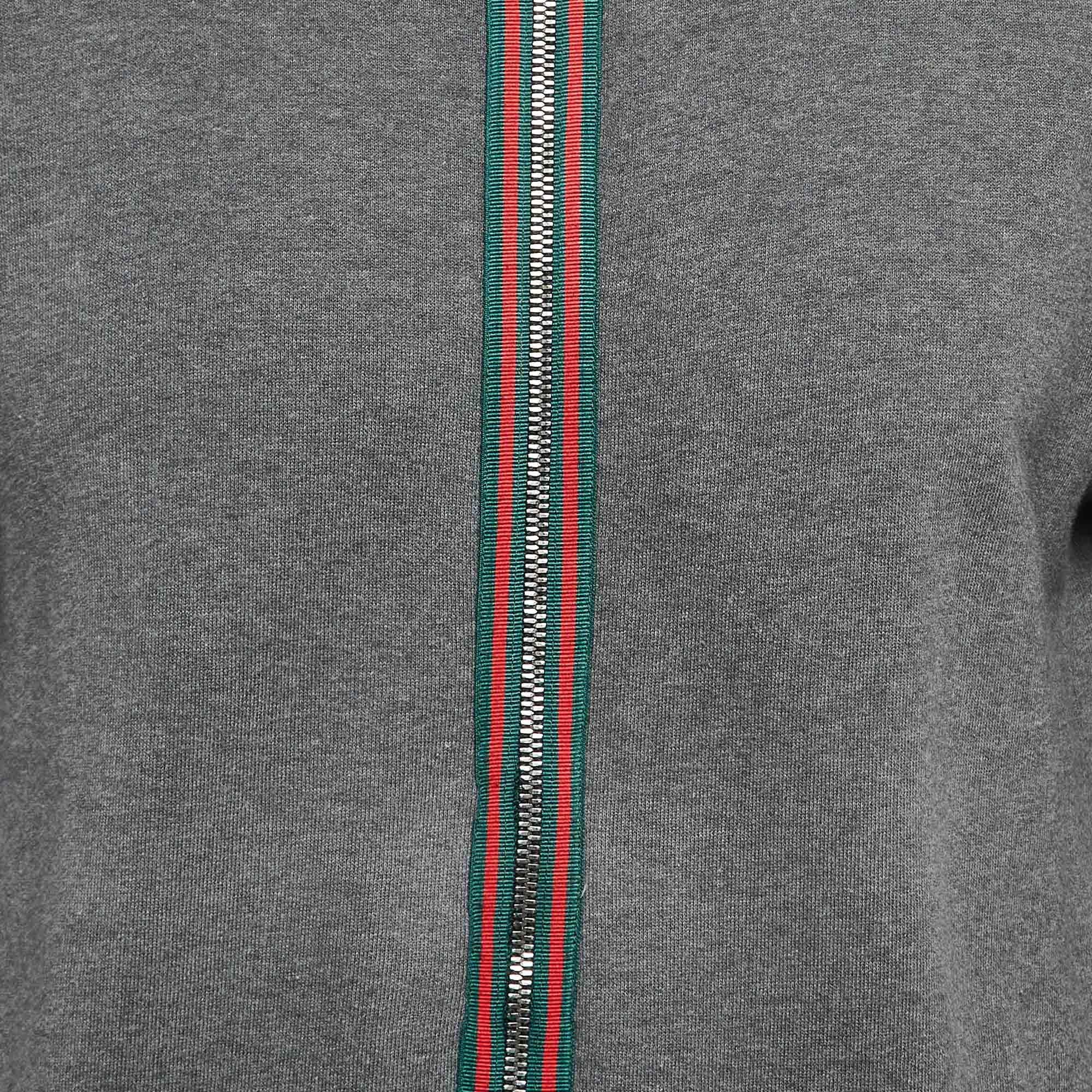 Gray Gucci Grey Web Trim Cotton Knit Zip Front Hoodie XL For Sale