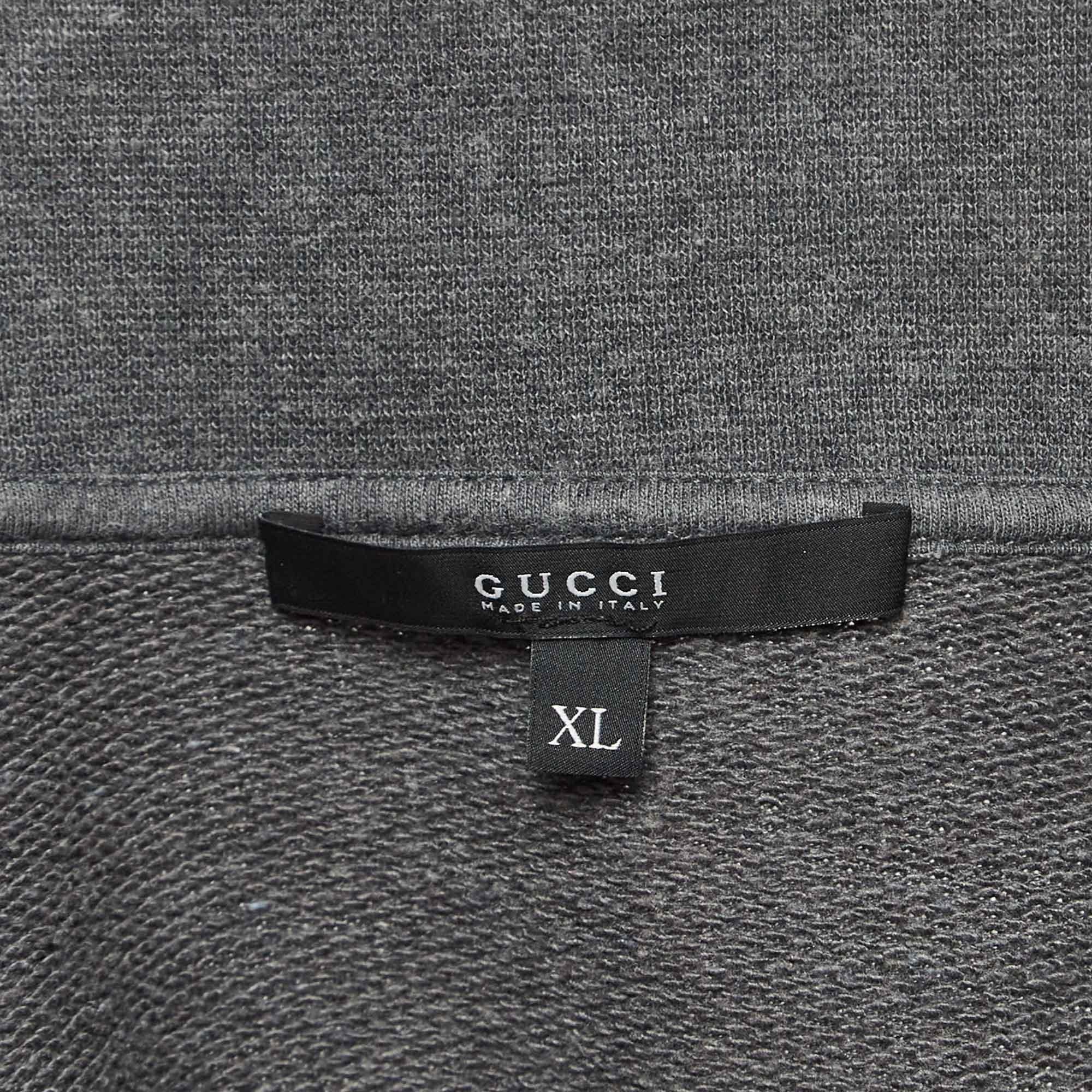 Gucci Grey Web Trim Cotton Knit Zip Front Hoodie XL In Good Condition For Sale In Dubai, Al Qouz 2
