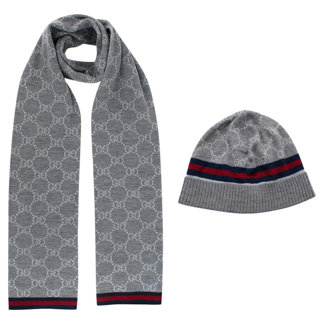 Gucci Grey Web Trim Supreme GG Scarf and Hat For Sale at 1stDibs