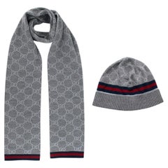 Gucci Grey Web Trim Supreme GG Scarf & Hat