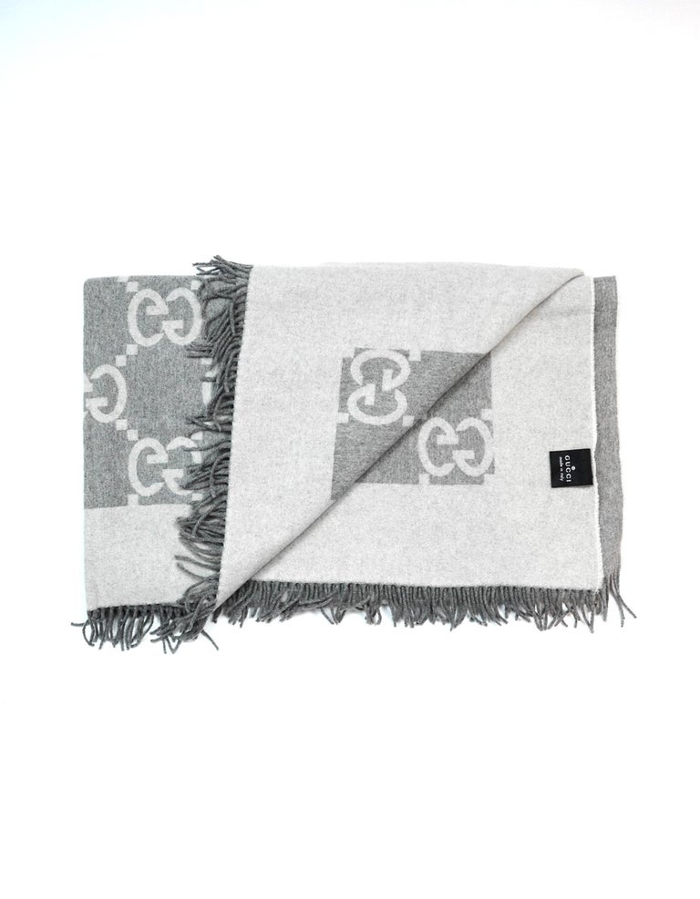 Gucci Grey Wool/Cashmere GG Monogram Throw Blanket W/ Fringe For Sale