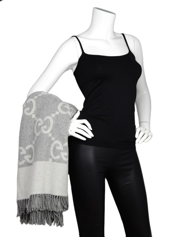 Gucci Grey Wool/Cashmere GG Monogram Throw Blanket W/ Fringe For Sale