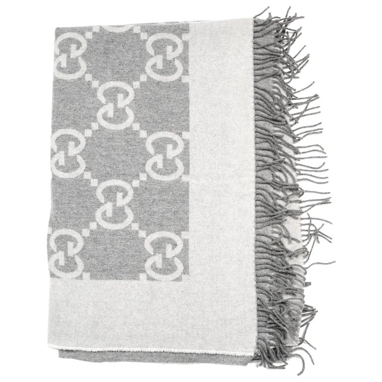 Gucci Grey Wool/Cashmere GG Monogram Throw Blanket W/ Fringe For Sale