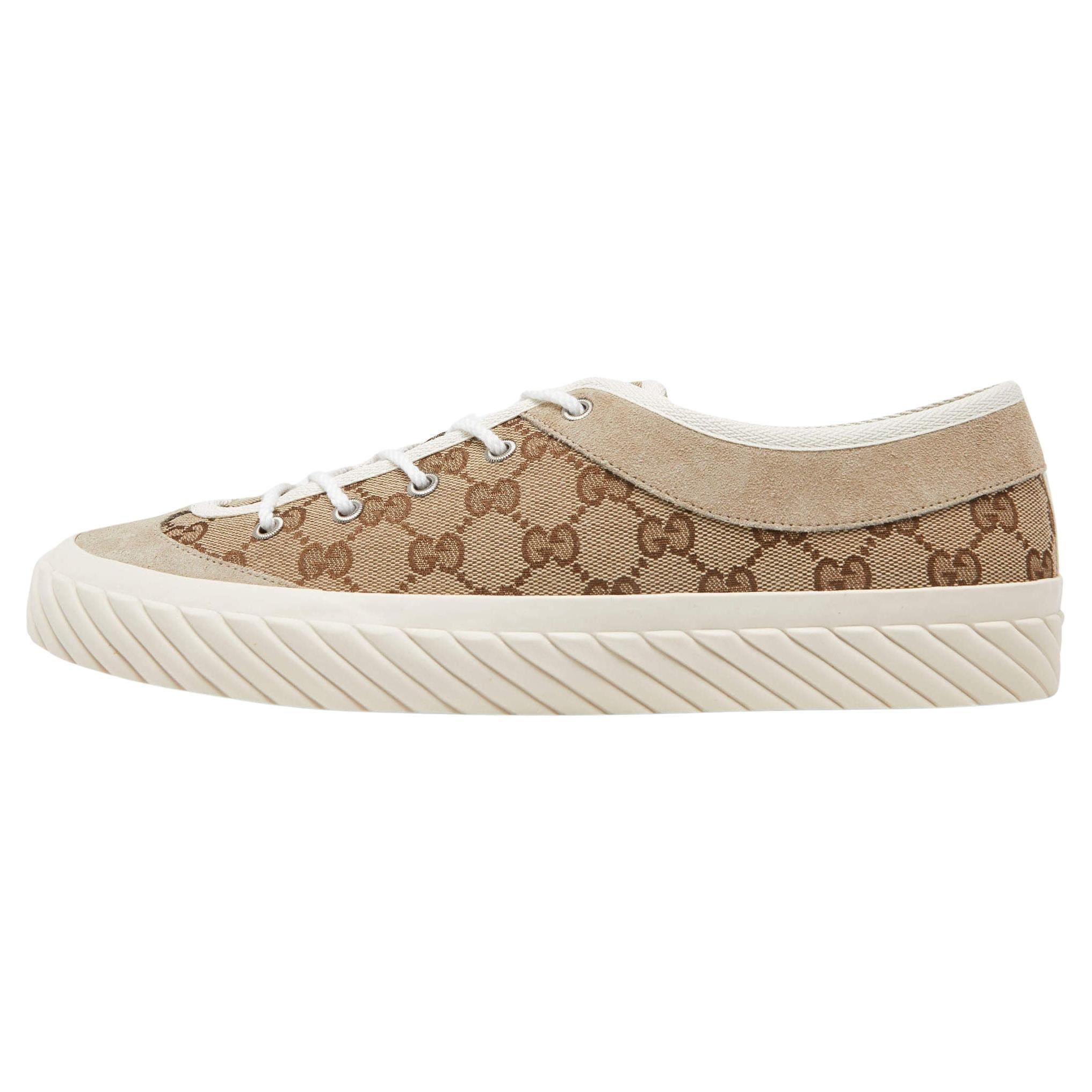 Gucci Gucci Brown/Beige GG Canvas and Suede Sneakers Size 43.5 For Sale