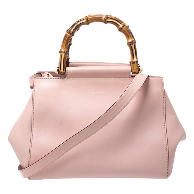 Gucci Light Pink Leather Nymphaea Bamboo Handle Tote