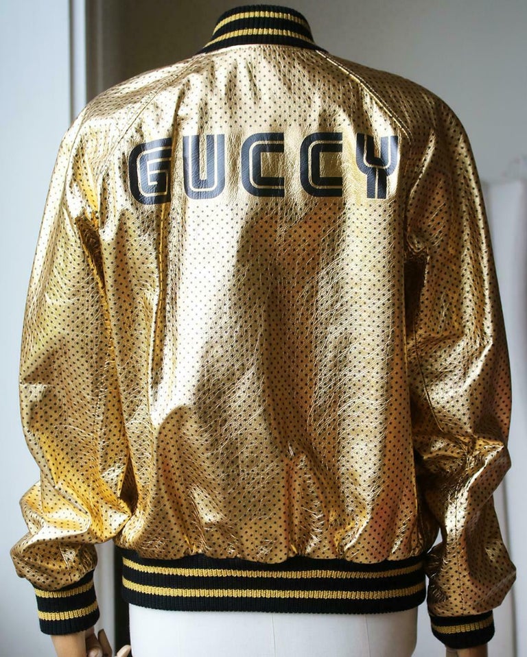 Gucci Logo Print Bomber Jacket in Metallic for Men