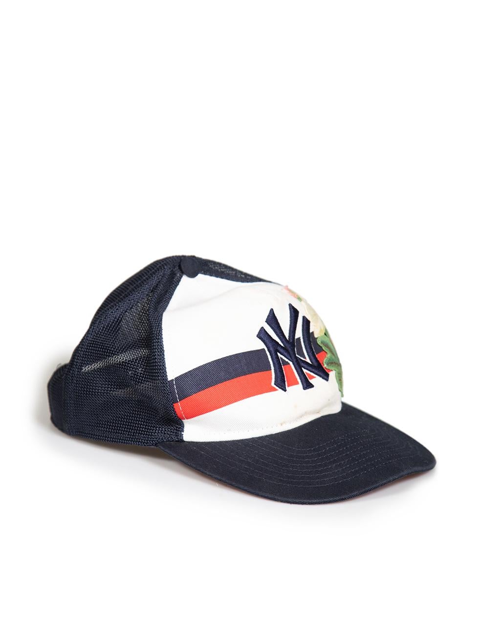 CONDITION is Good. General wear to the cap is evident. There is discolouration on the front of the hat, near the logo and the flower appliqué.
 
 
 
 Details
 
 
 Gucci x NY Yankees
 
 Multicolour
 
 Cloth textile
 
 Cap
 
 NY Yankee logo
 
 Floral