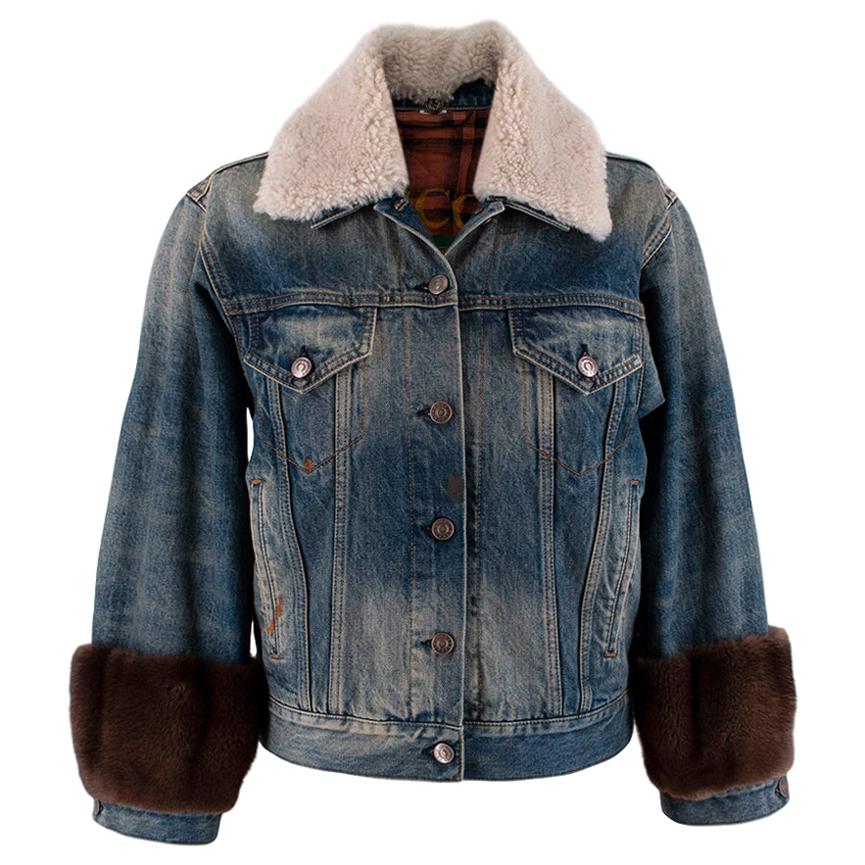 Gucci Guccification Denim Jacket with Mink Fur Trim & Shearling Collar - US 2